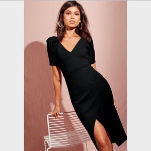 Boohoo | Black Puff Sleeve Wrap Midi Dress